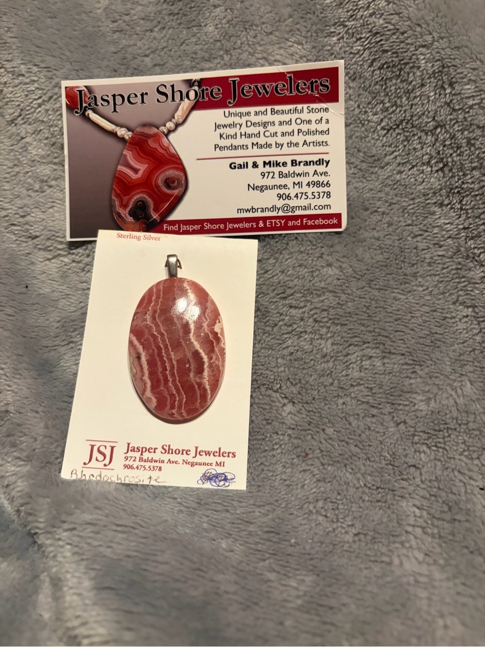 Jasper Shore Jewelers Sterling Silver Rhodochrosite Pendant Handmade Michigan